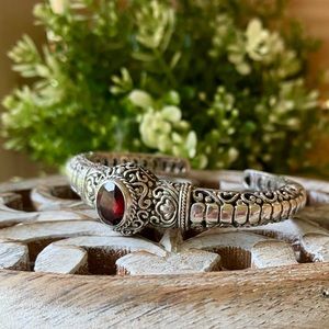 925 Sterling Silver and Garnet Bali Bracelet